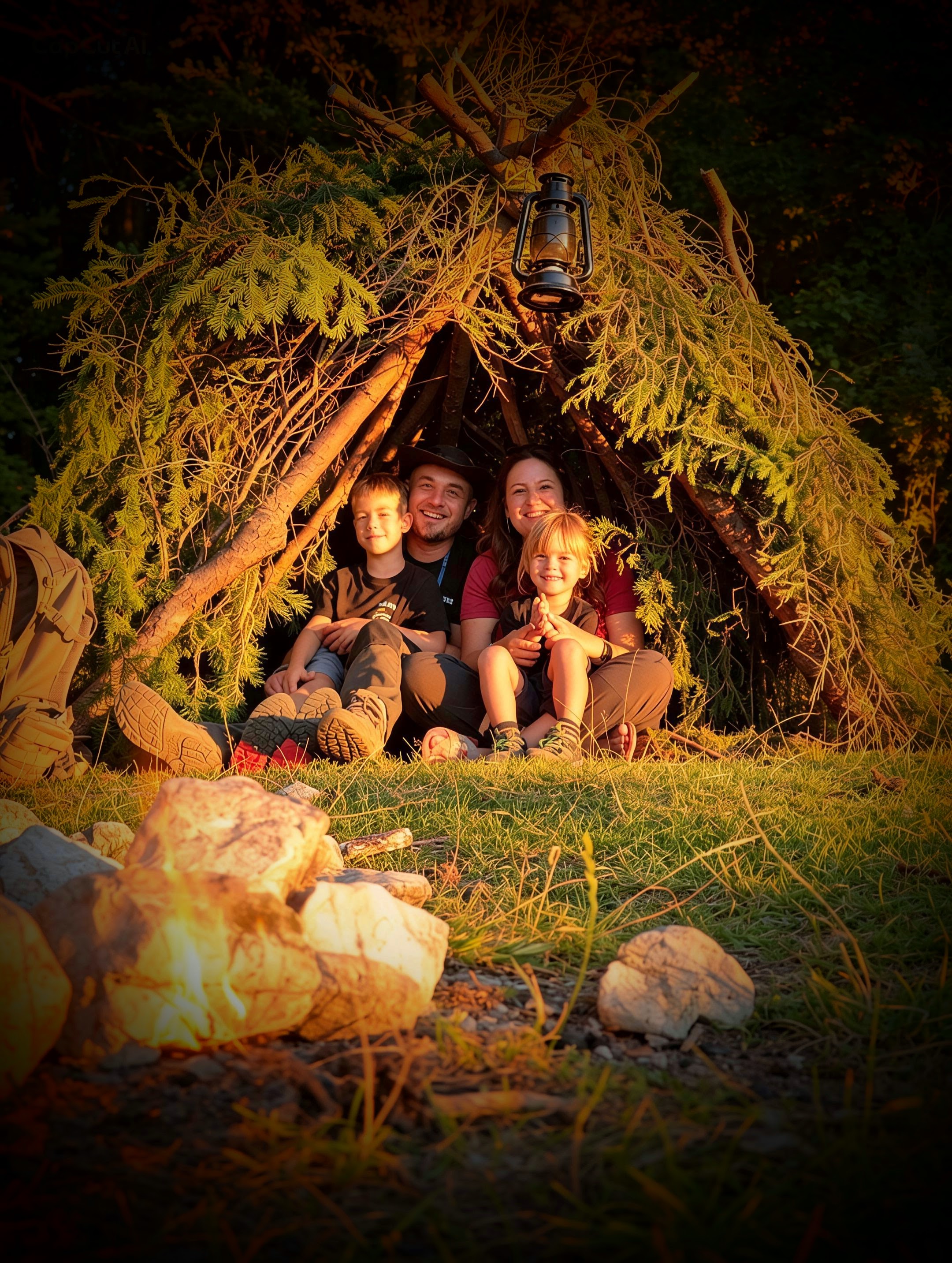 Familia Fii Pregătit într-un adăpost construit în natură